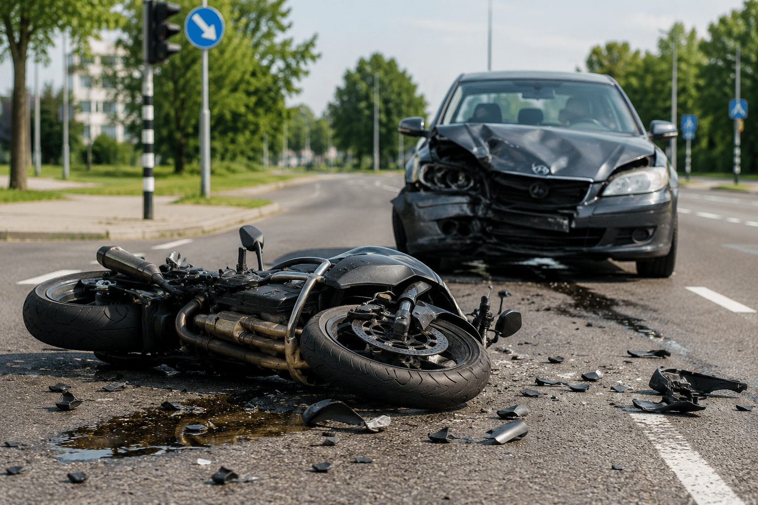 Fresno motorcycle accident scene with damaged car and fallen motorcycle